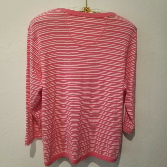 Oleg Cassini Sport Women Pink Striped Button Front Cardigan Sweater Lightweight - Picture 2 of 7